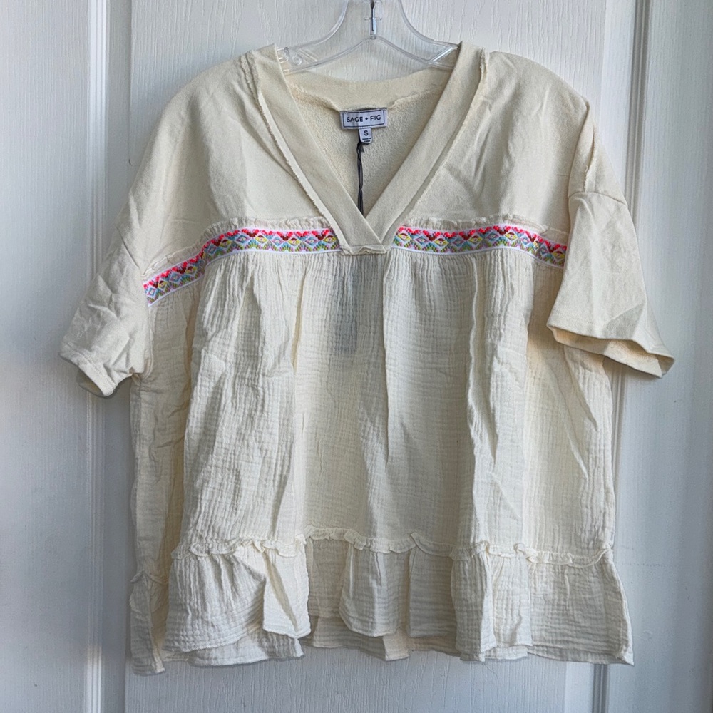 Cream Gauze V-Neck Tunic with Pink & Multicolor Embroidery
